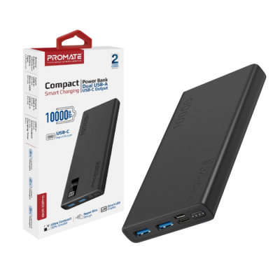 10000mAh Compact Smart Charging Power Bank with Dual USB-A & USB-C Output