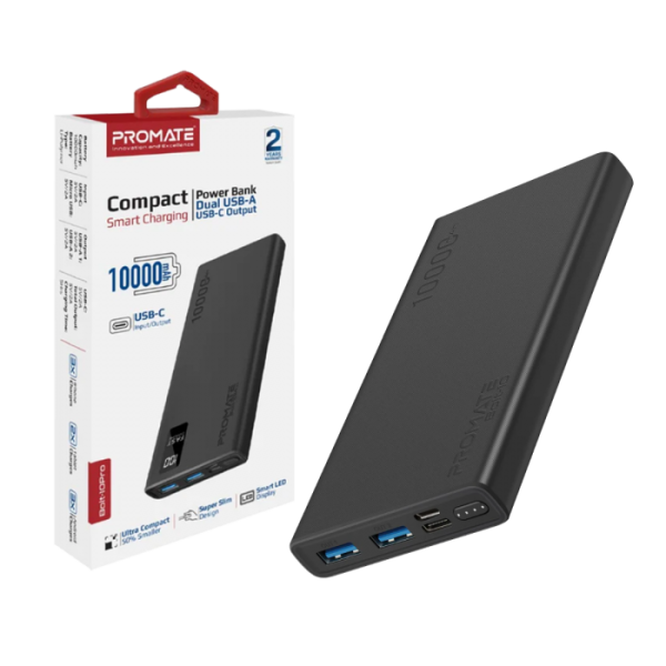 10000mAh Compact Smart Charging Power Bank with Dual USB-A & USB-C Output