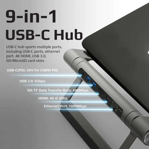 Promate 9-in-1 Multiport USB-C Hub with Laptop Stand