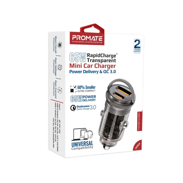 Promate 65W RapidCharge Transparent Mini Car Charger