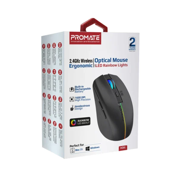 Promate 2.4GHz Wireless Ergonomic Optical Mouse with LED Rainbow Lights-Kitt