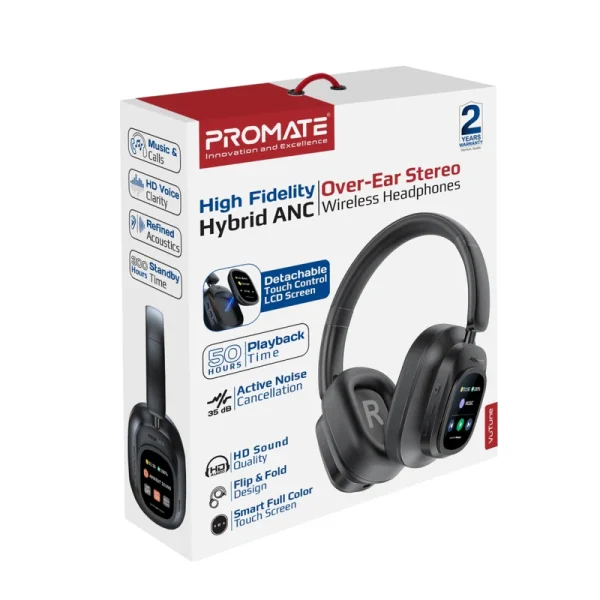 Promate VuTune, High-Definition Hybrid ANC Headphones with Detachable Magnetic LCD Touch Screen Controller.