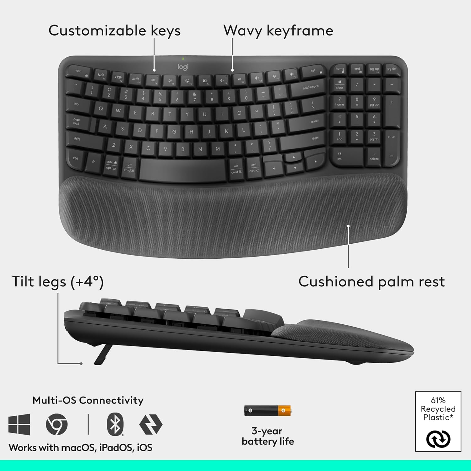 Logitech Wave Keys and Lift Combo - Ergonomic Wireless Keyboard and Mouse Combo - (Graphite) - Image 4